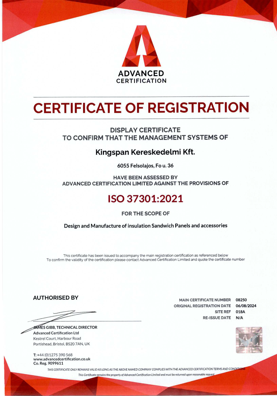 Kingspan pogon u Felsőlajos-u dobio ISO 37301 sertifikaciju